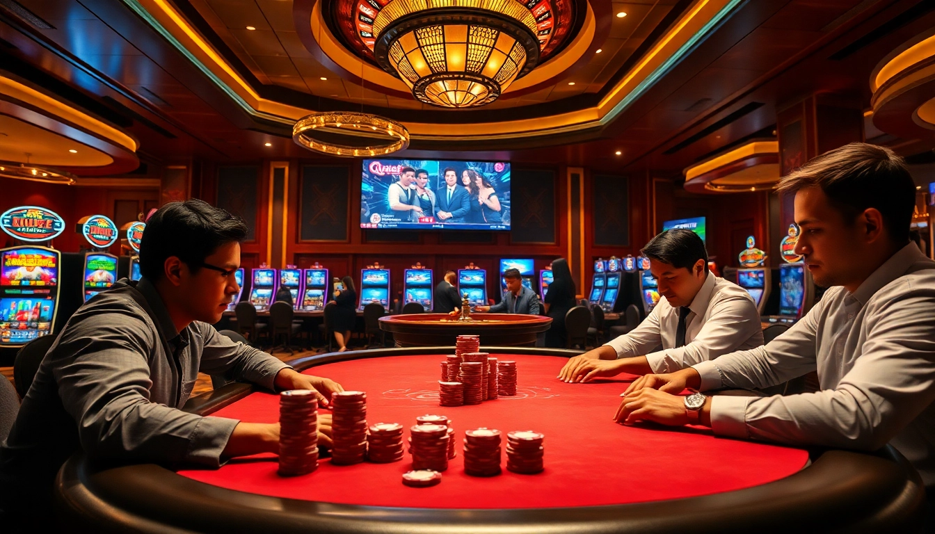 Players engaging in poker at a luxury casino setting with QQ88 COM branding visible.