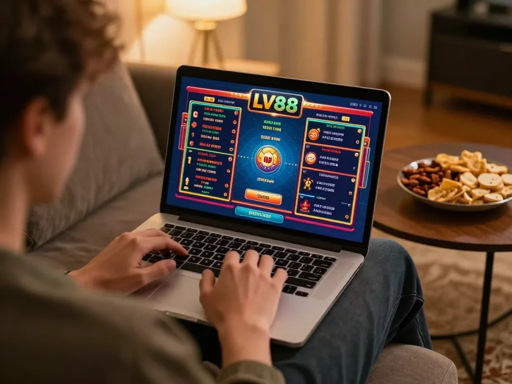 Player enjoys an engaging LV88 casino session on a laptop, showcasing the excitement of online gambling.