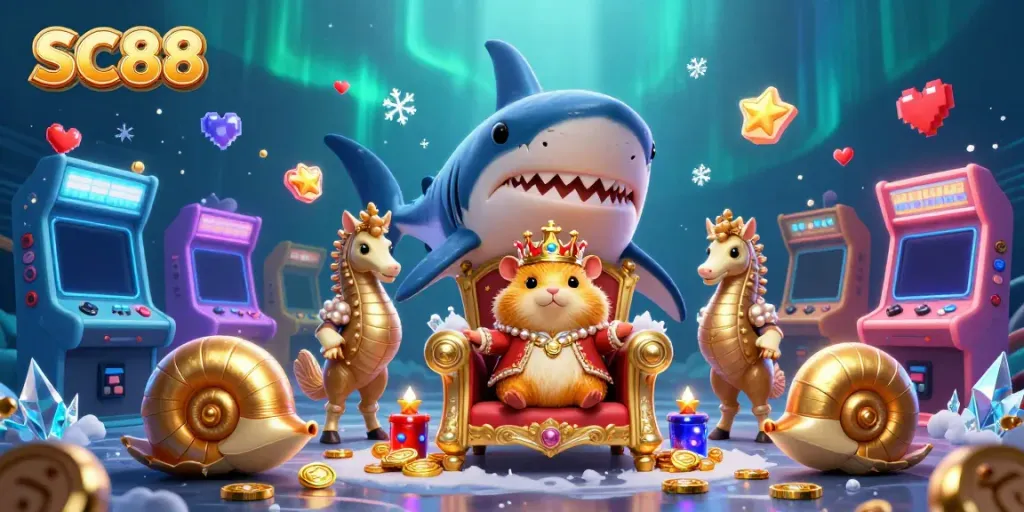 SC88 features a golden hamster king overseeing a vibrant underwater casino scene with arcade elements.