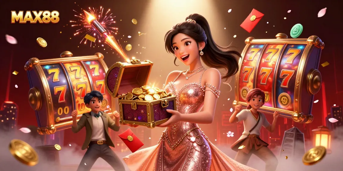 MAX88 showcases an exciting 3D illustration of an Asian woman presenting a treasure chest filled with coins in a vibrant casino setting.