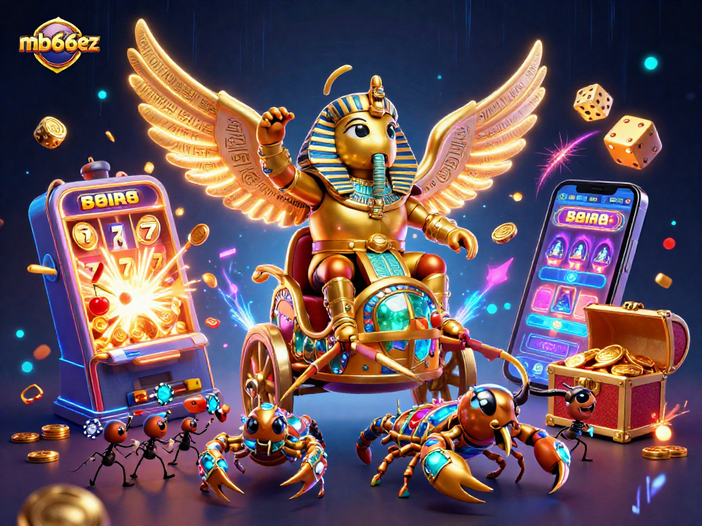 Engage with thrilling slot jackpots at mb66ez with a vibrant 3D casino scene featuring golden beetles and scorpions.