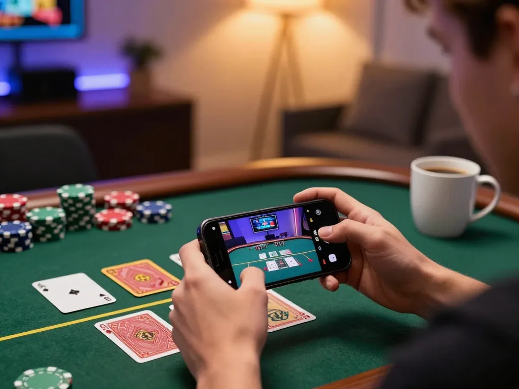 Player using mobile app for xo888 blackjack, enjoying strategic gameplay in a cozy setting