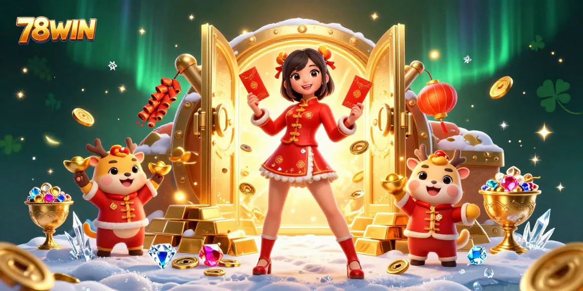 Experience winning delights with 78WIN's vibrant casino atmosphere and festive characters.