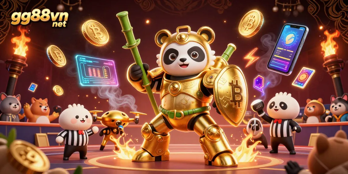 Experience thrilling games at gg88vn net, featuring a dynamic panda piloting a robot in a colorful casino.