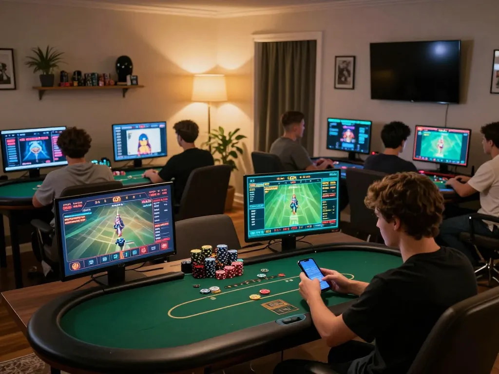 Players engaging in online gaming on LV88, showcasing poker tables and sports betting on mobile devices.