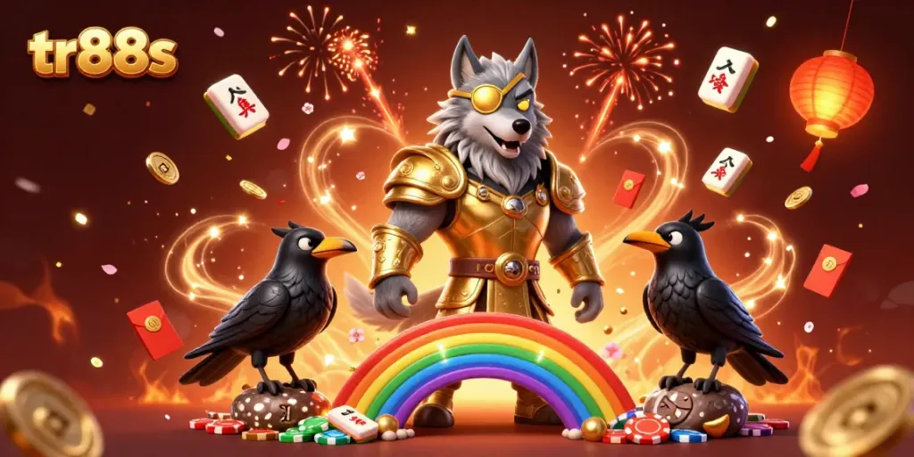 Engage in thrilling gaming at TR88S with vibrant illustrations featuring Odin and casino elements.