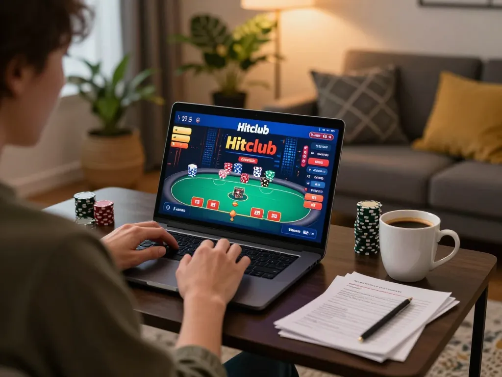 Person engaging with Hitclub's poker games on a laptop in a cozy home setting, emphasizing strategic gaming.