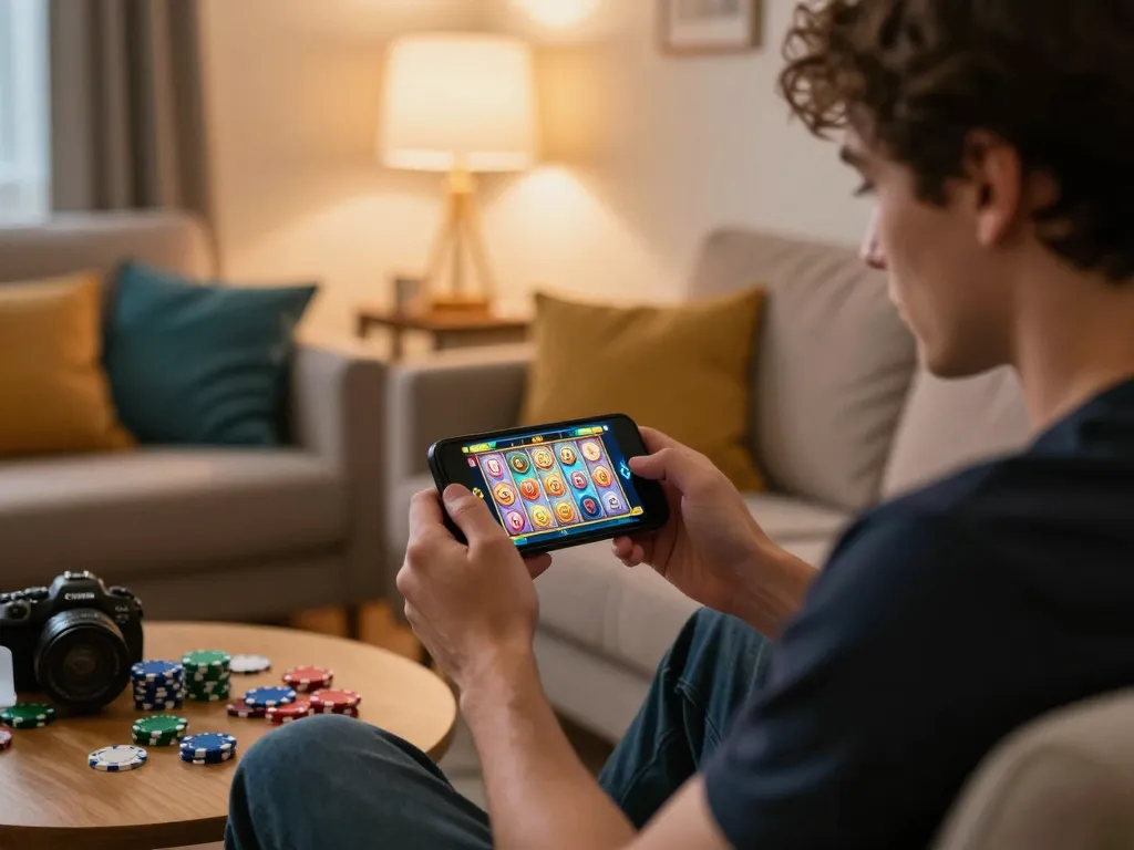 Engaging in mobile slot gameplay with hay88x on a cozy couch, highlighting fun gaming atmosphere.