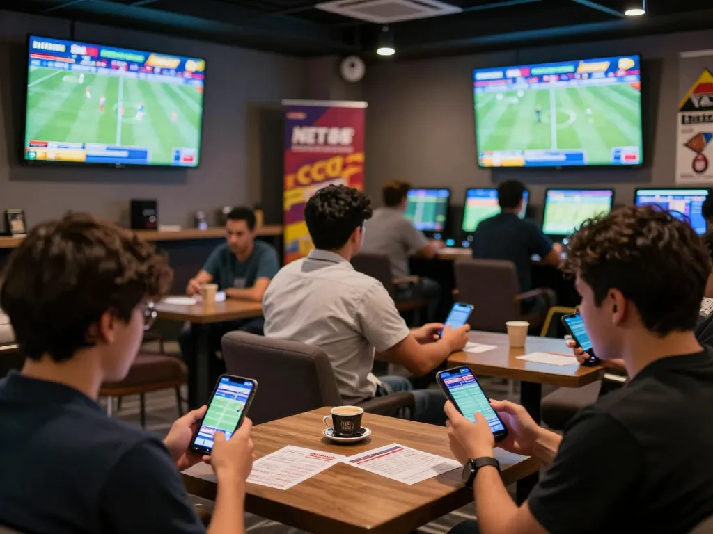 Fans engaging in sports betting at NET88, excitedly placing bets and discussing odds