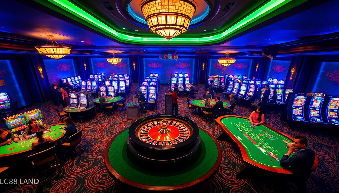 Experience a thrilling LC88 Land casino scene with vibrant tables, lively players, and exciting games.