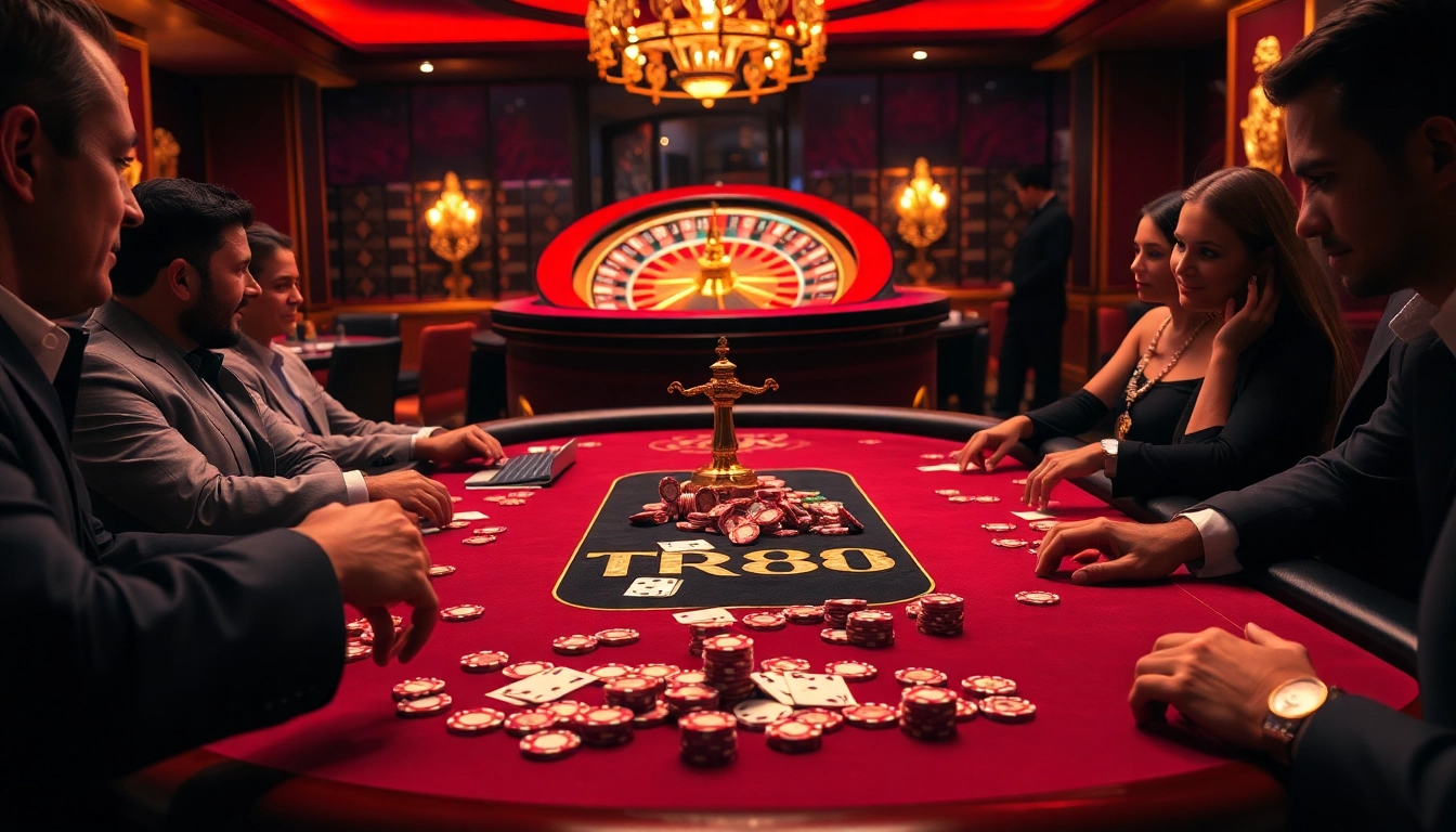 Experience thrilling gameplay at the TR88 poker table in a vibrant casino atmosphere.