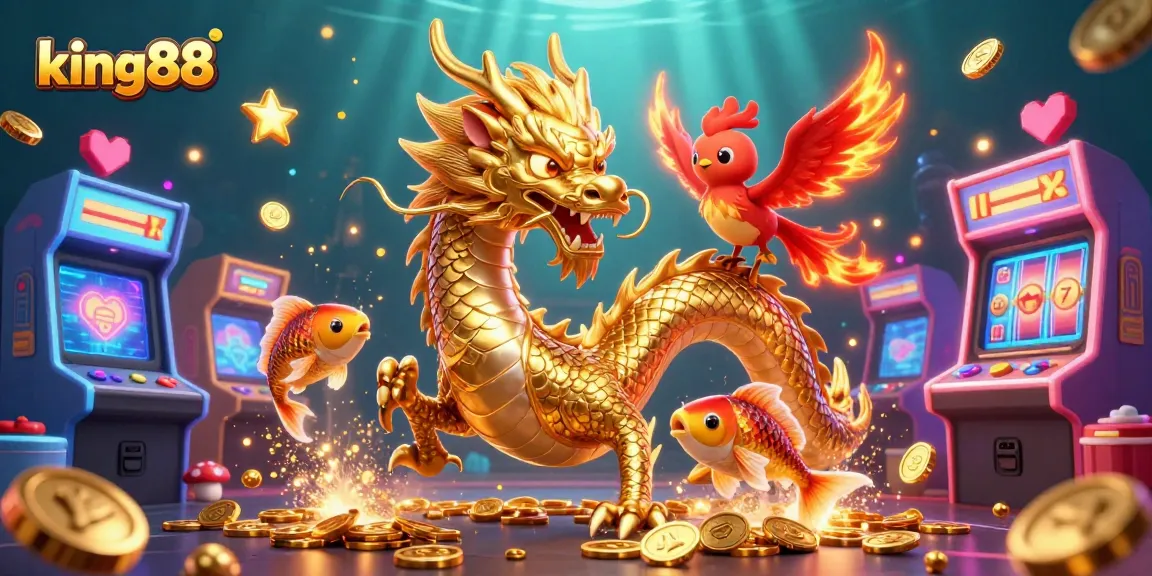 Win big with king88 in a vibrant casino scene featuring a dragon, phoenix, and koi fish