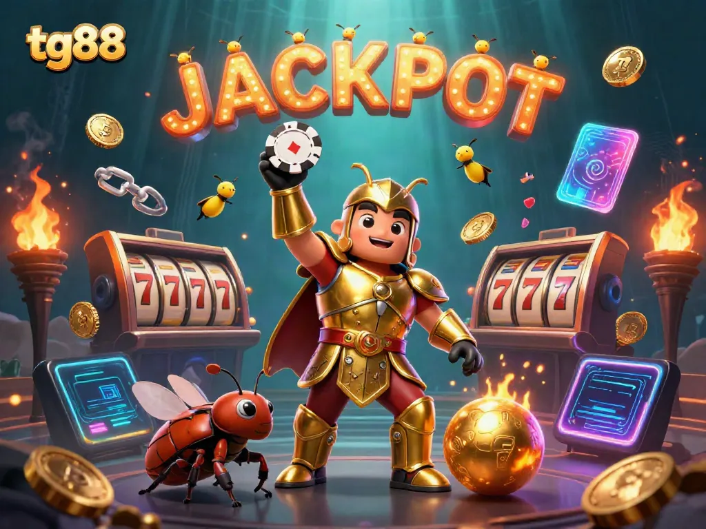 Win big at tg88 with vibrant 3D characters showcasing a gambling-themed jackpot scene, full of energy.
