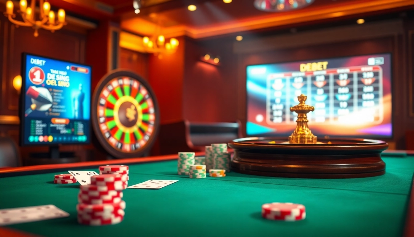 Cổng Game DEBET with an elegant casino setup featuring cards, chips, and a roulette wheel.