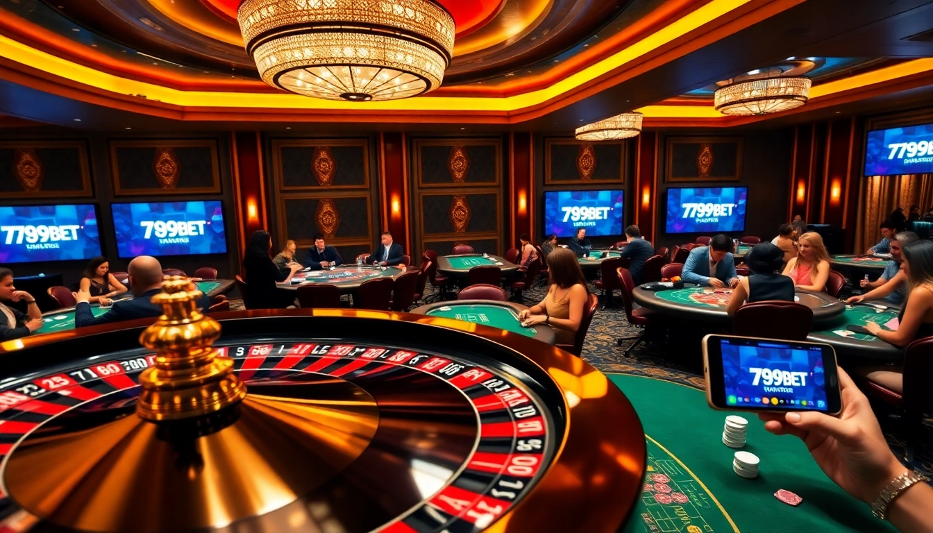 Exciting roulette scene showcasing 789BET branding amidst players during a high-stakes casino game.