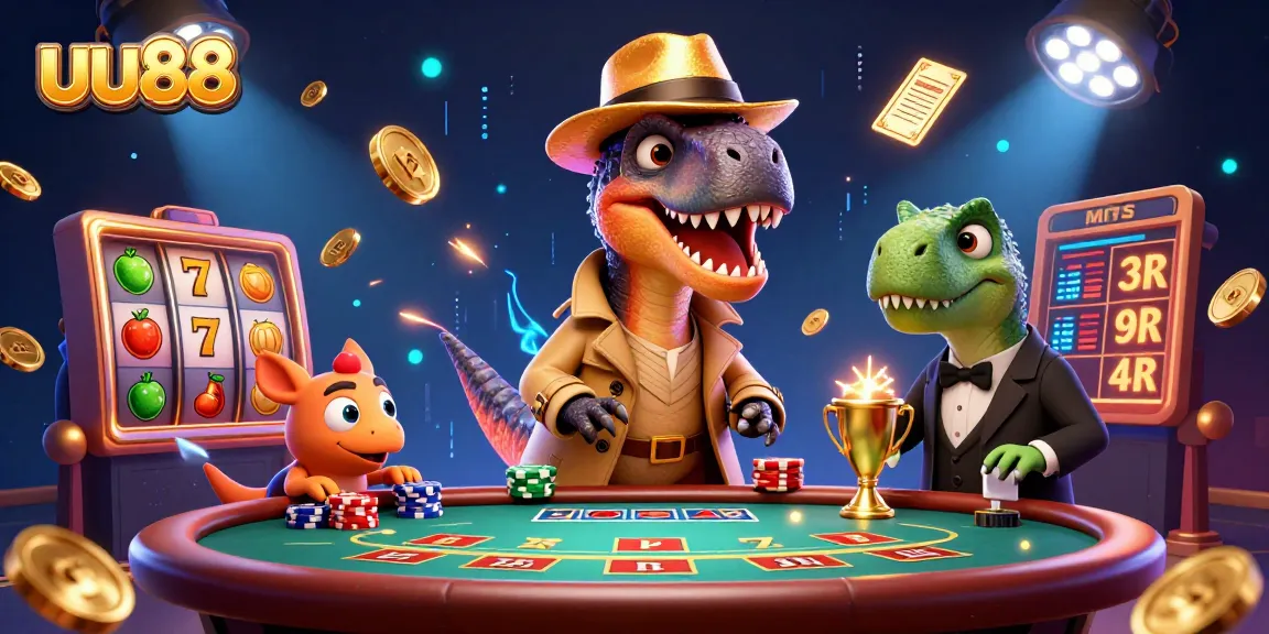 uu88 brings excitement with a velociraptor card counter at a dynamic gaming table, filled with rich casino elements.