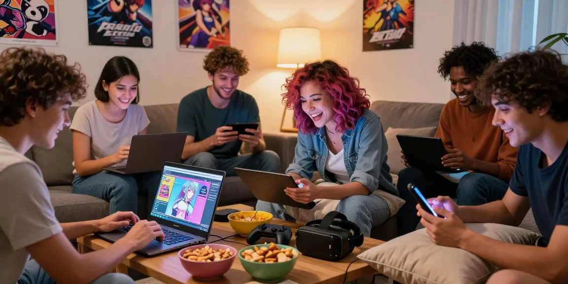 Group enjoying free ecchi games in cozy living room, engaged and laughing.