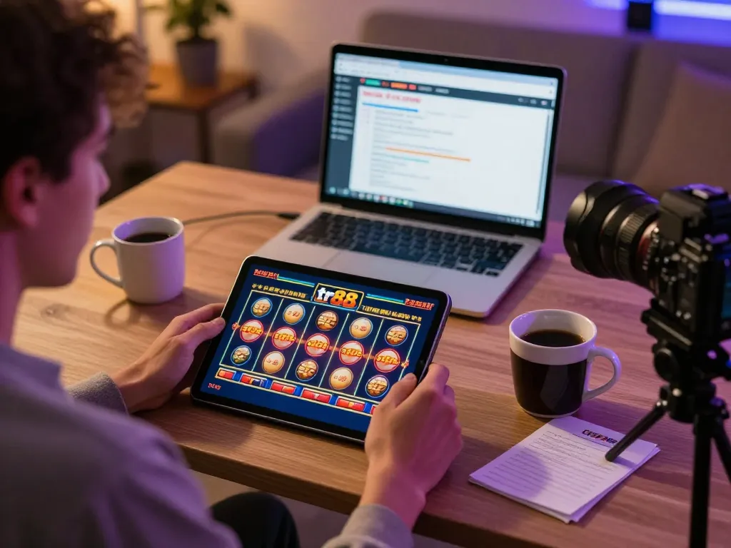Player engaged in tr88 online slots session, illustrating dynamic home gaming experience.