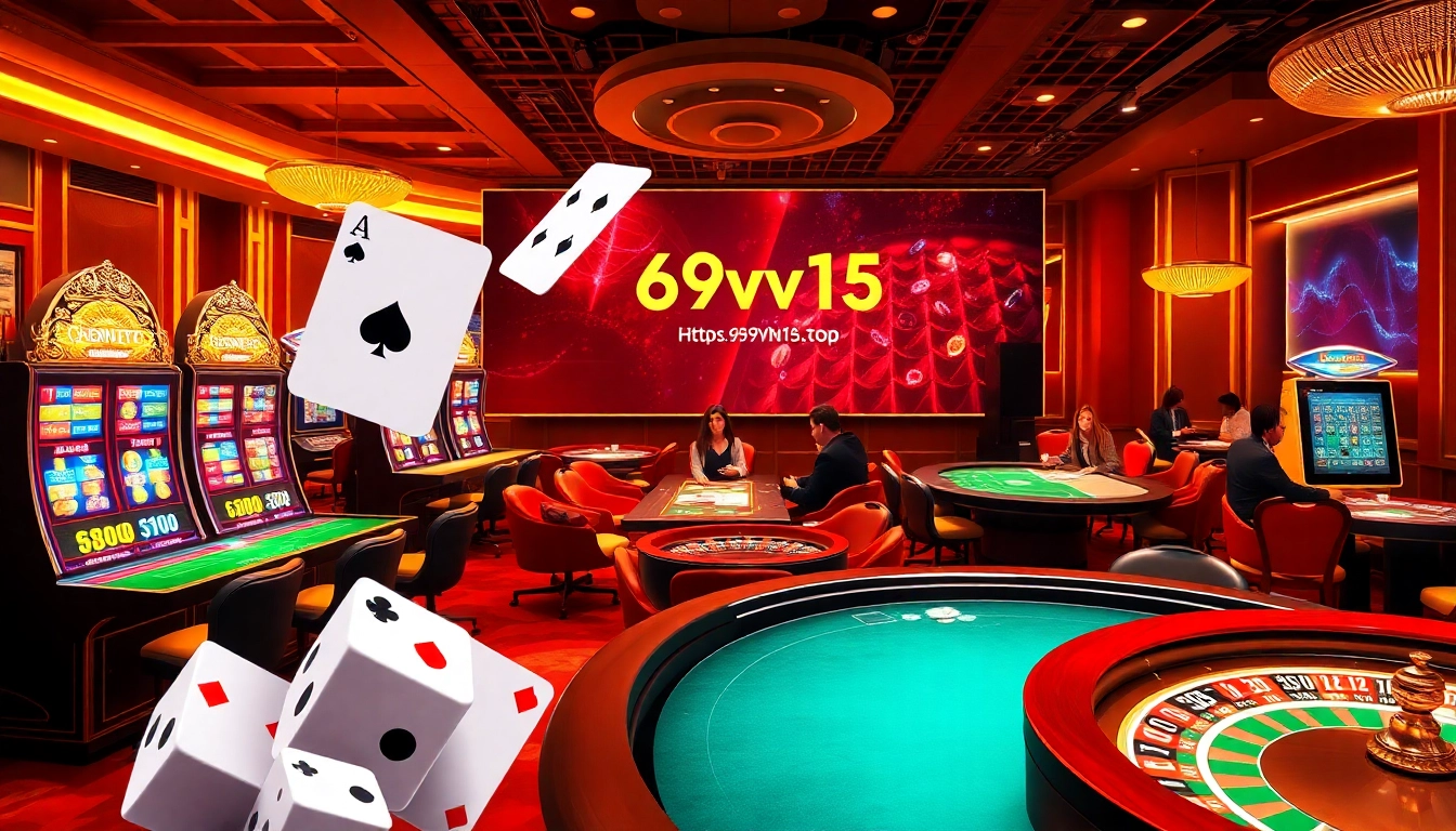 Gamble at https://69vn15.top/ in a vibrant casino scene with exciting games and colorful slot machines.