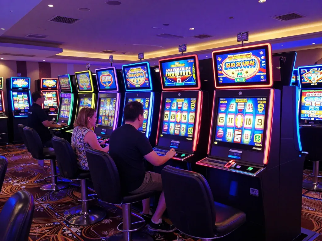 Slot Malaysia players celebrating a win at vibrant slot machines in a casino.