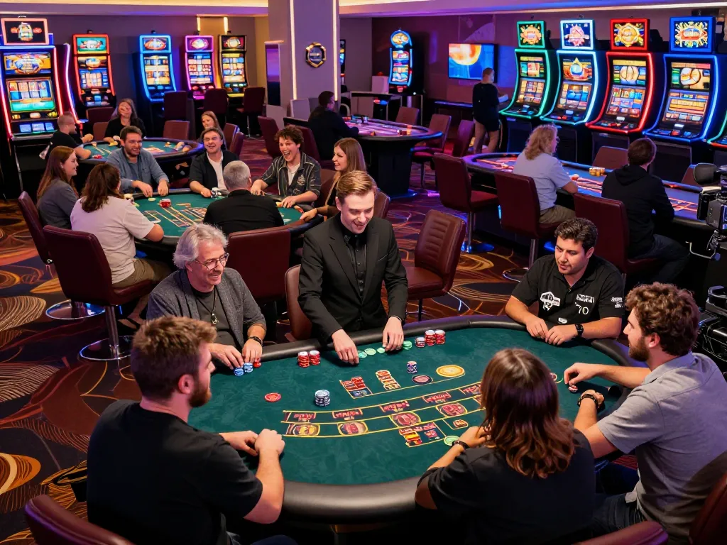 Players enjoying a thrilling moment at KJC casino, engaging with poker and blackjack tables.