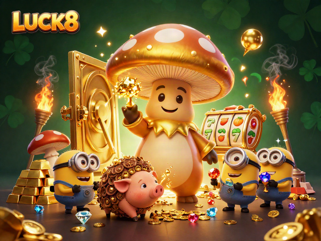 Các nhân vật trong LUCK8 đang chiến thắng với viên ngọc quý quý giá, trong khung cảnh cược sôi động.