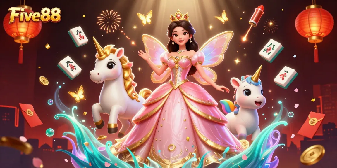 Engage with Five88's vibrant gaming scene, featuring a whimsical princess and lucky symbols.