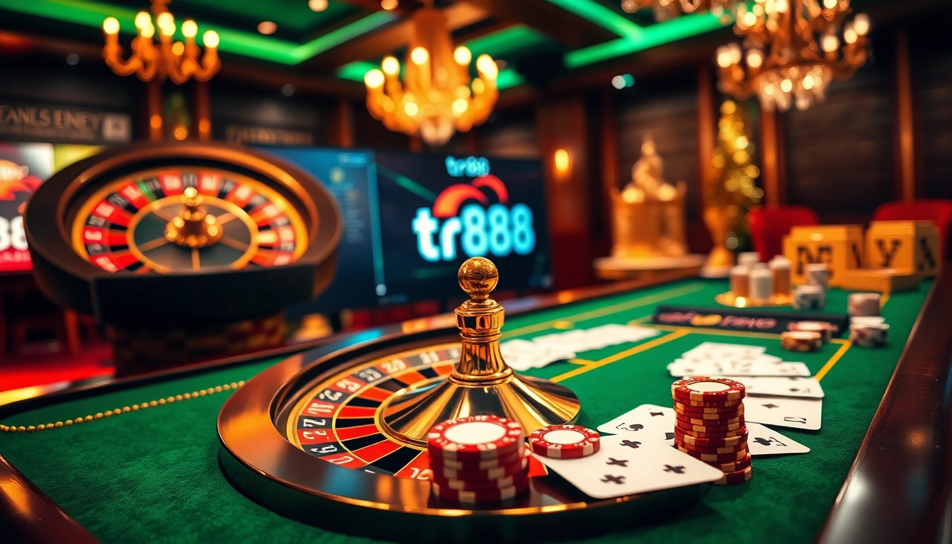 Experience the excitement of tr88 at a luxurious casino table with poker chips and a roulette wheel.