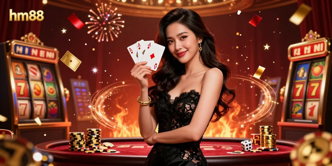 Experience thrilling gameplay at hm88, where an elegant woman showcases her skills holding ace cards in a vibrant casino.