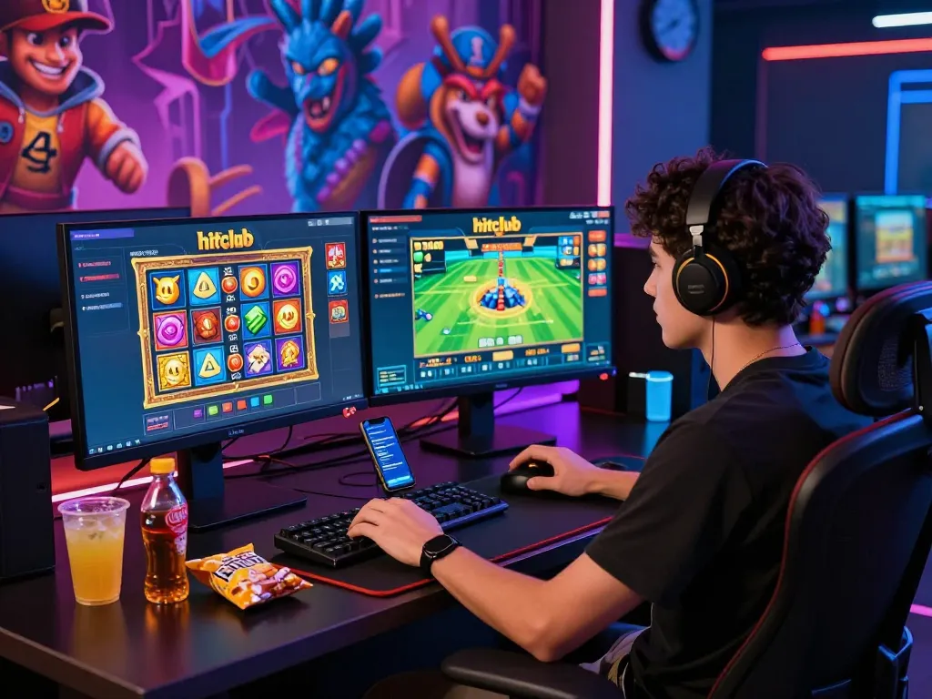 Engaging user enjoying hitclub gaming platform with dynamic visuals and snacks, showcasing excitement in online gaming.