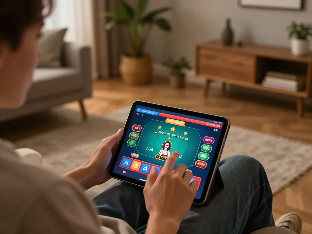 Person focused on the online casino experience with a tablet, highlighting 4444 WIN excitement