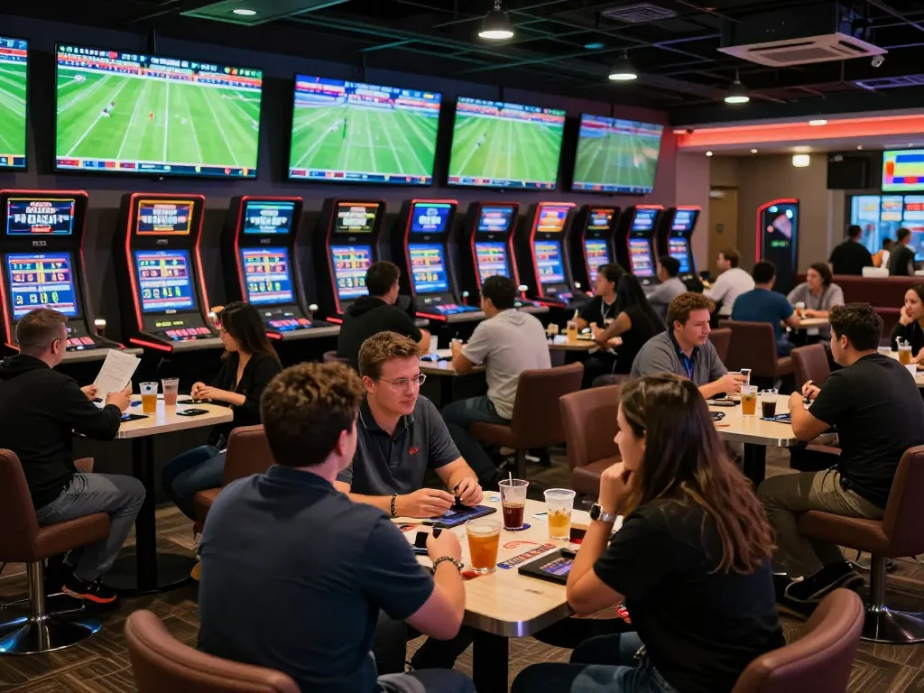 Tỷ Lệ Kèo Nhà Cái displayed at vibrant sports betting lounge with patrons actively placing bets.