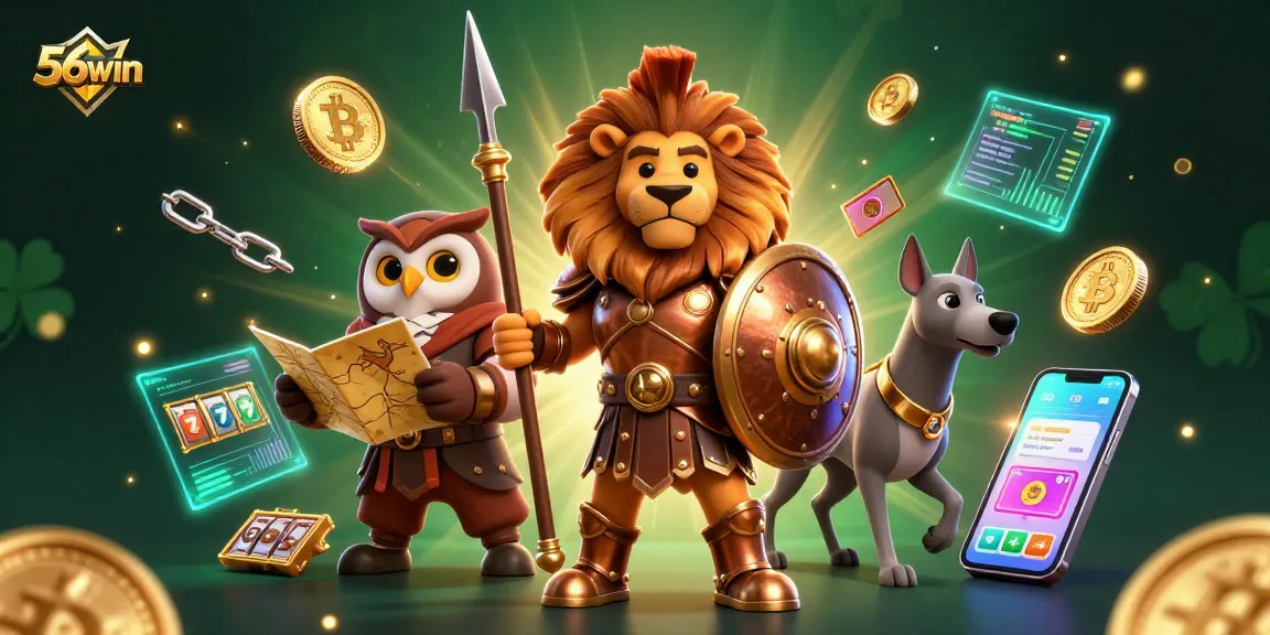 Engage in thrilling gambling action with 56win’s vibrant scene featuring a Spartan lion and crypto coins.