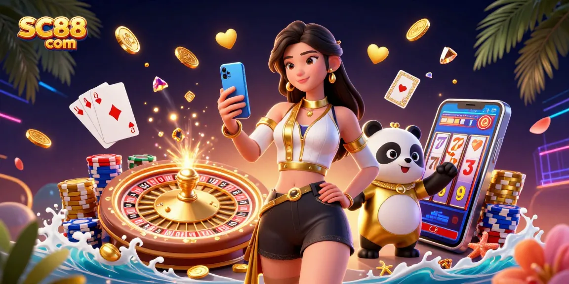 Experience the excitement of SC88 com with a vibrant 3D scene showcasing casino games and rewards.