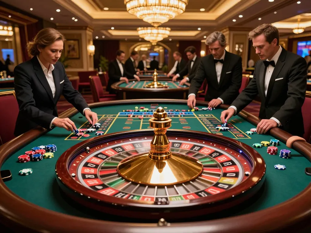Players betting at a roulette table in a luxurious F8bet casino atmosphere