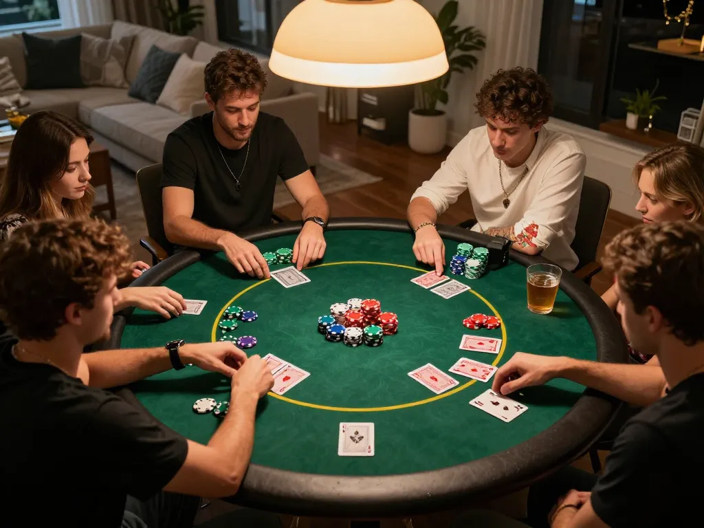 Friends enjoying a poker night at home, showcasing X88.COM gaming excitement through vibrant gameplay.