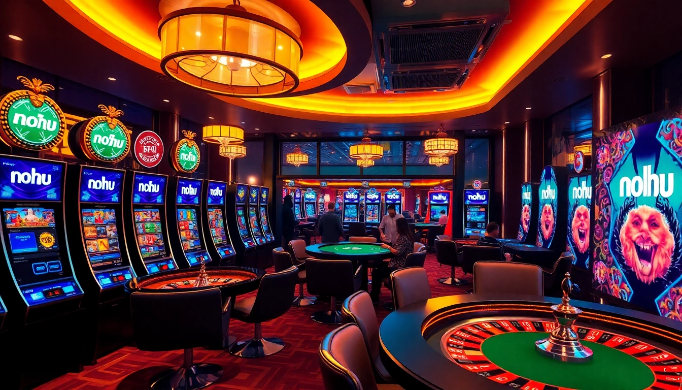 Nohu players winning big at stylish casino tables with modern slot machines.