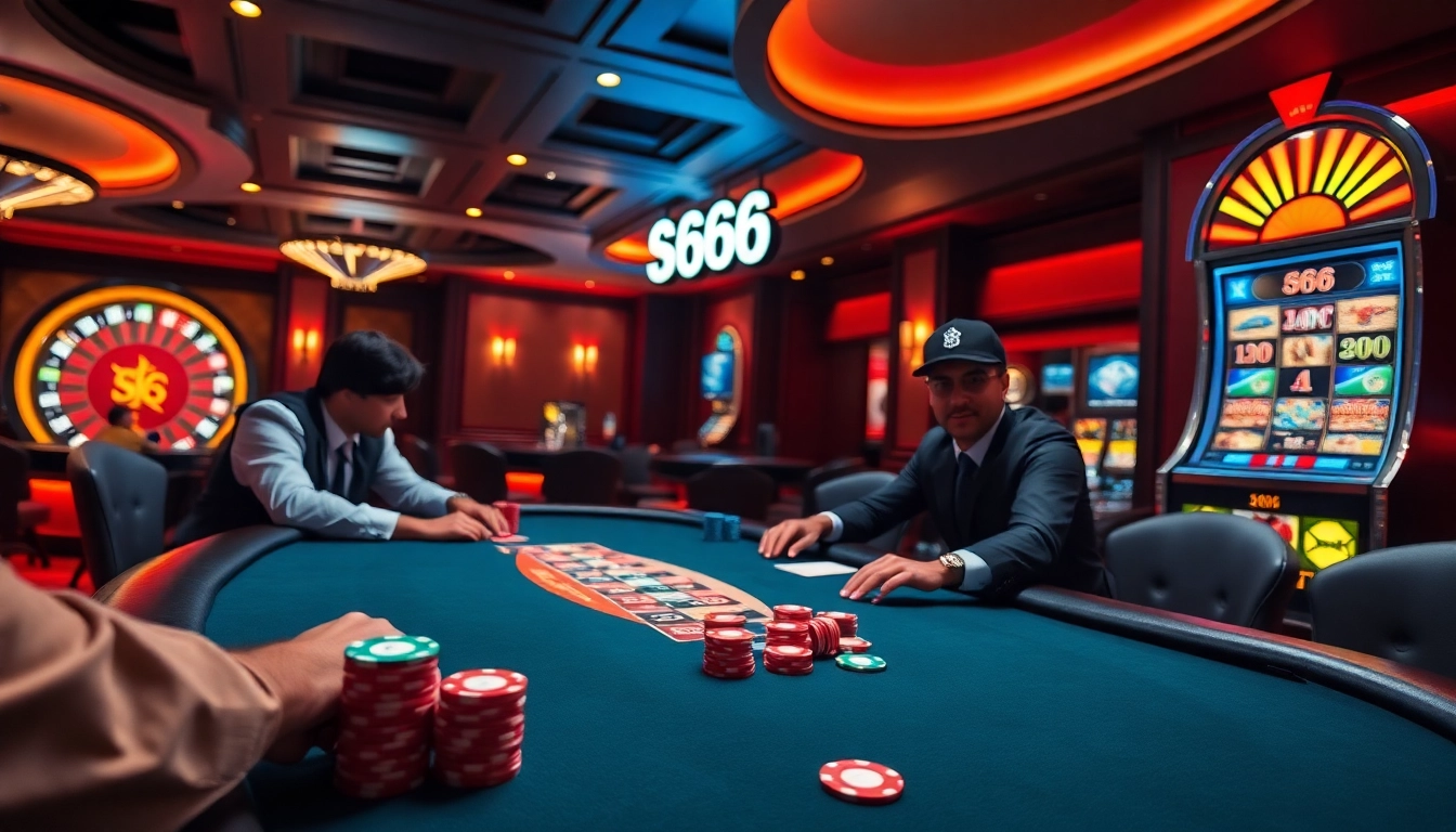 High-stakes poker excitement at S666 casino table with professional players and chips.