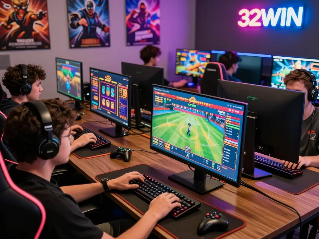 Players enjoying a vibrant online gaming experience on 32win platform with colorful game visuals.