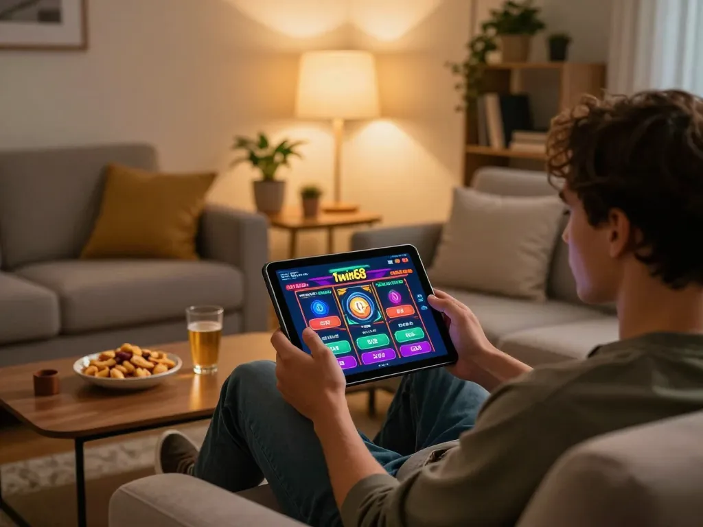 Person enjoying twin68 online gaming on tablet in cozy home setting.