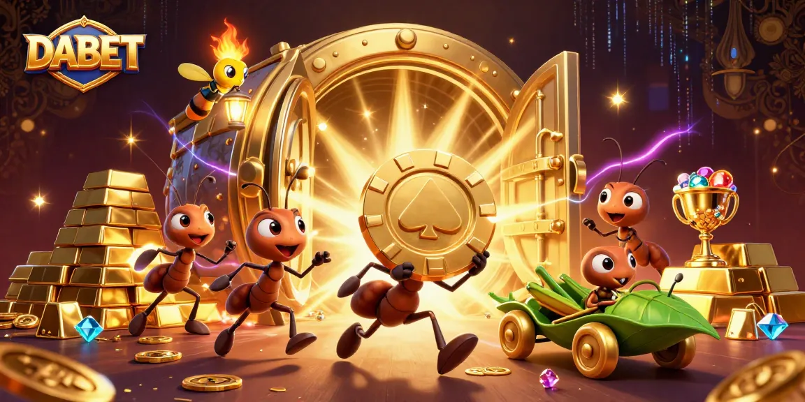 DABET showcases a heist with animated ants carrying a giant poker chip in a vibrant casino scene.