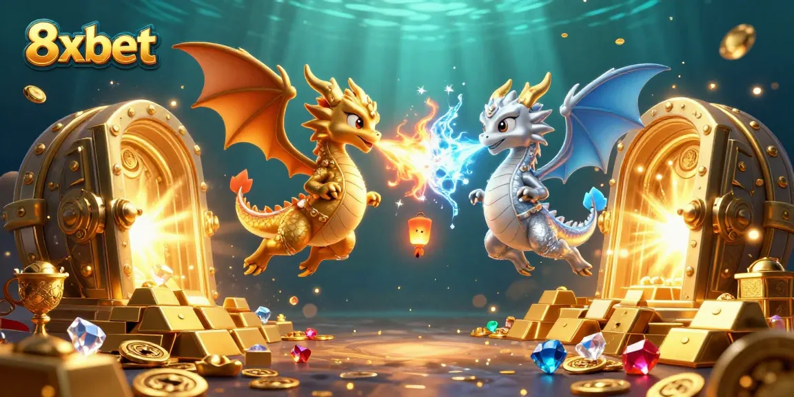 Engage with 8xbet's thrilling gaming experience amidst stunning visuals featuring golden dragons and treasure.