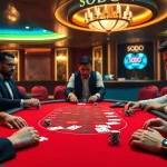 Engage in high-stakes poker at SODO Casino, showcasing vibrant tables and focused players.
