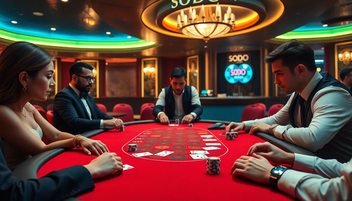 Engage in high-stakes poker at SODO Casino, showcasing vibrant tables and focused players.