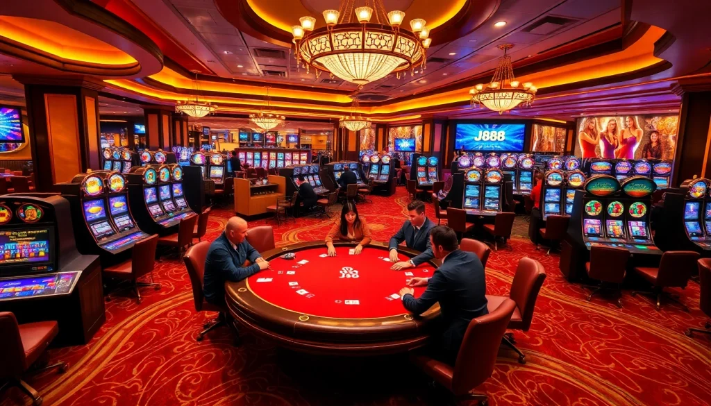 Players winning at a j88-themed poker table in a luxury casino environment.