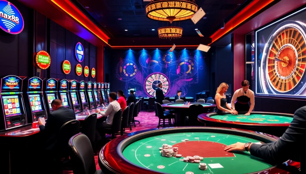 Engaging casino scene with players at max88, featuring vibrant tables and exciting gaming elements.