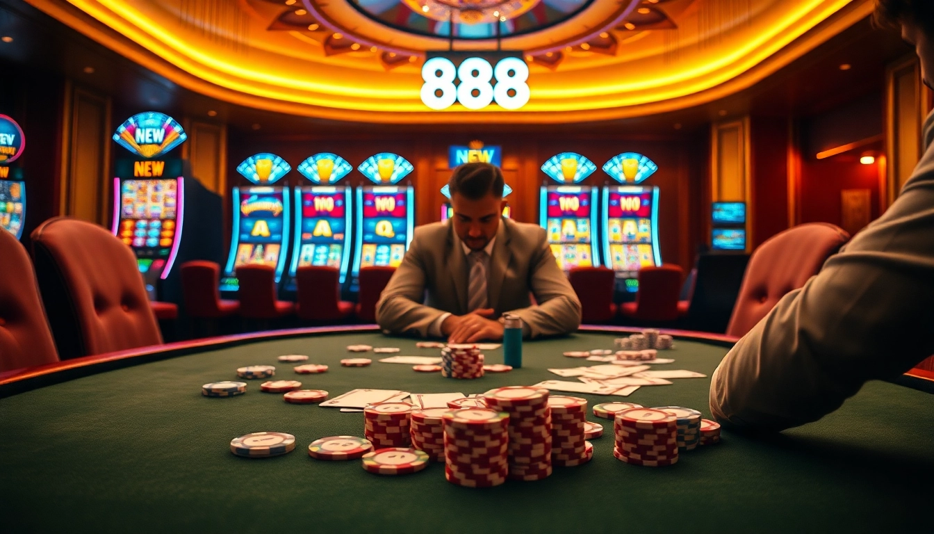 Poker night at 888 NEW casino with thrilling game action and vibrant slot machines.