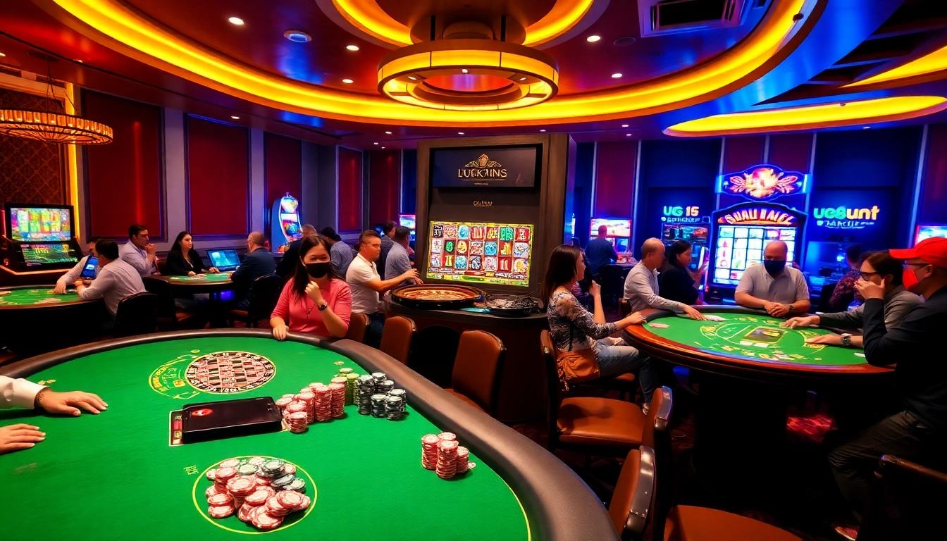 Engaging casino action at uu88vn.com with players at the blackjack table and spinning slot machines.