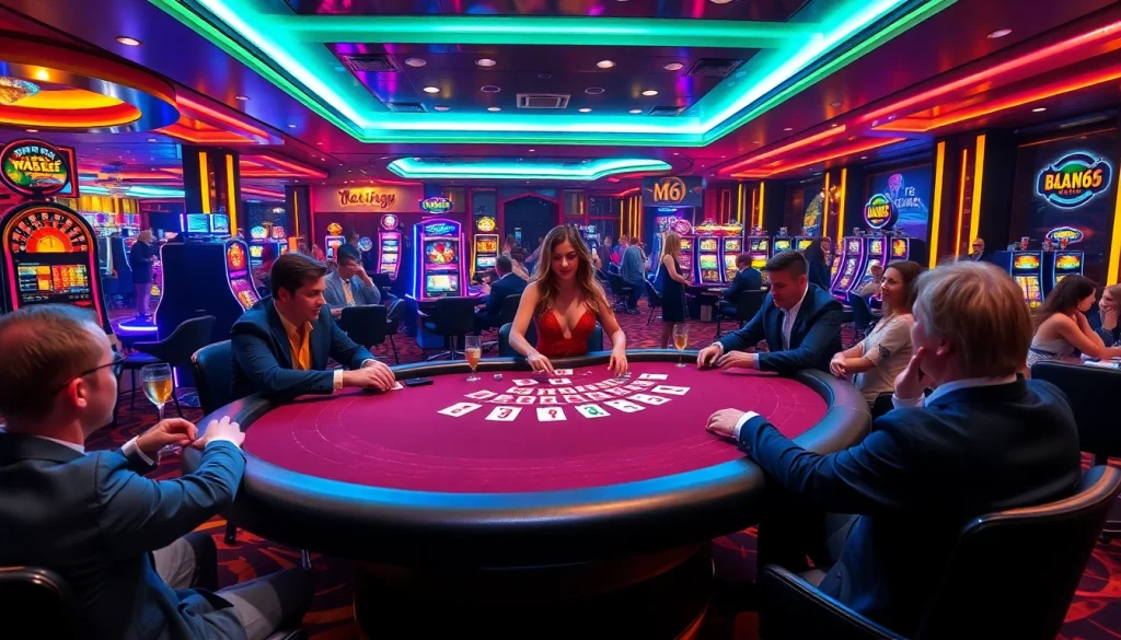 Players enjoying poker at a luxurious casino table while experiencing the thrill of MB66 gambling.