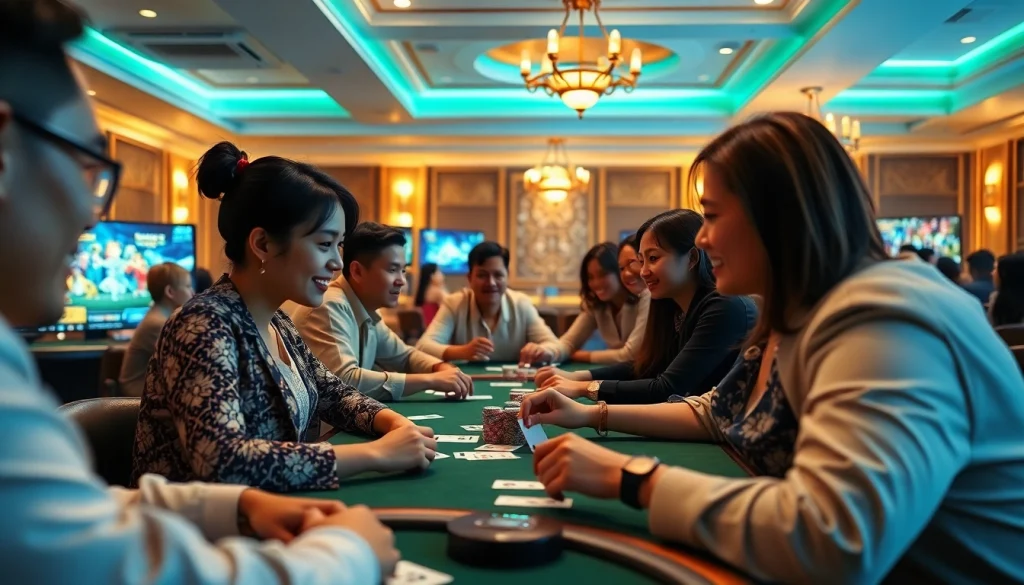 Engaged players enjoying card games at gamebaidoithuong.com.vc in a vibrant online casino setting.